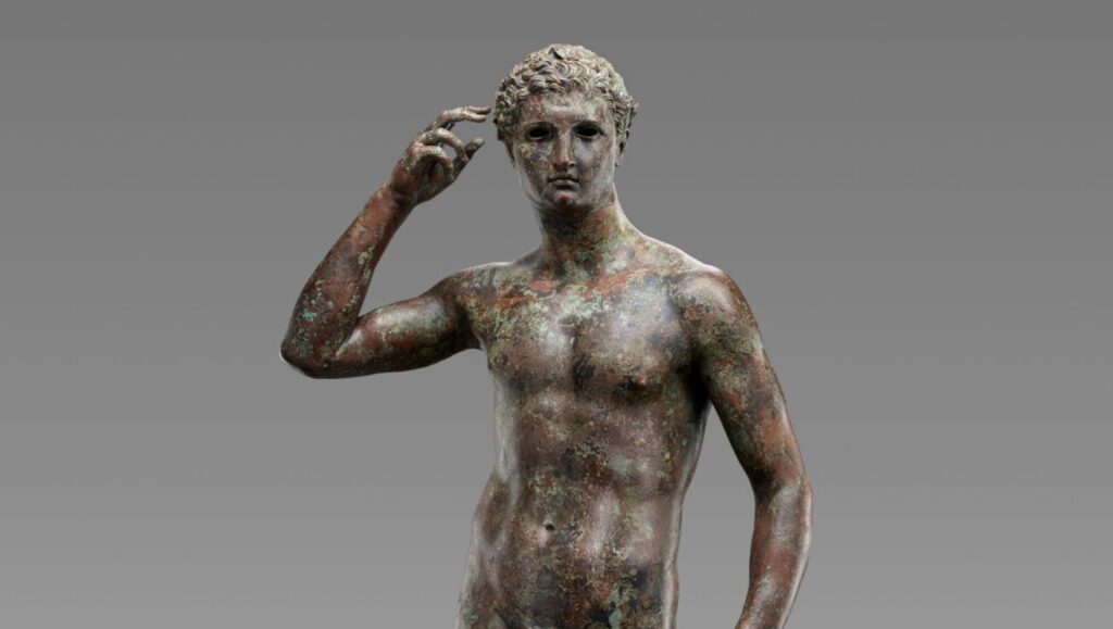Statue of a Victorious Youth, 300–100 BC, Greek. Bronze with inlaid copper, 59 5/8 × 27 9/16 × 11 in. Getty Museum, 77.AB.30 As part of the Getty Pride 2025